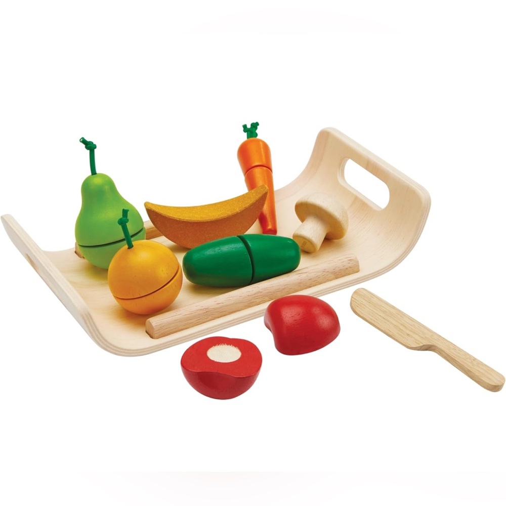 Plan Toys Eco FriendlyWooden Play Food Set - Colorful Fruit & Veggie Cutting Toy